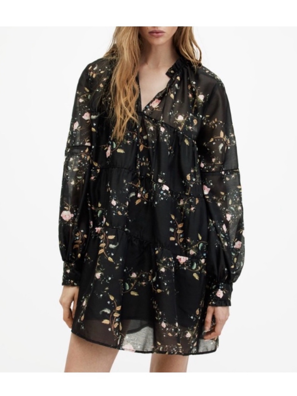 All Saints Black Floral Tiered Tunic Dress with Pink Accents